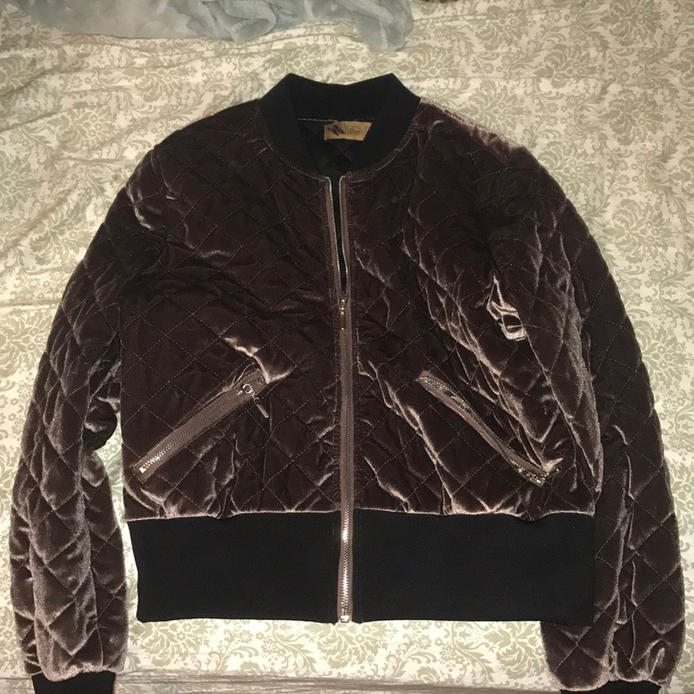 Purple velvet quilted bomber jacket